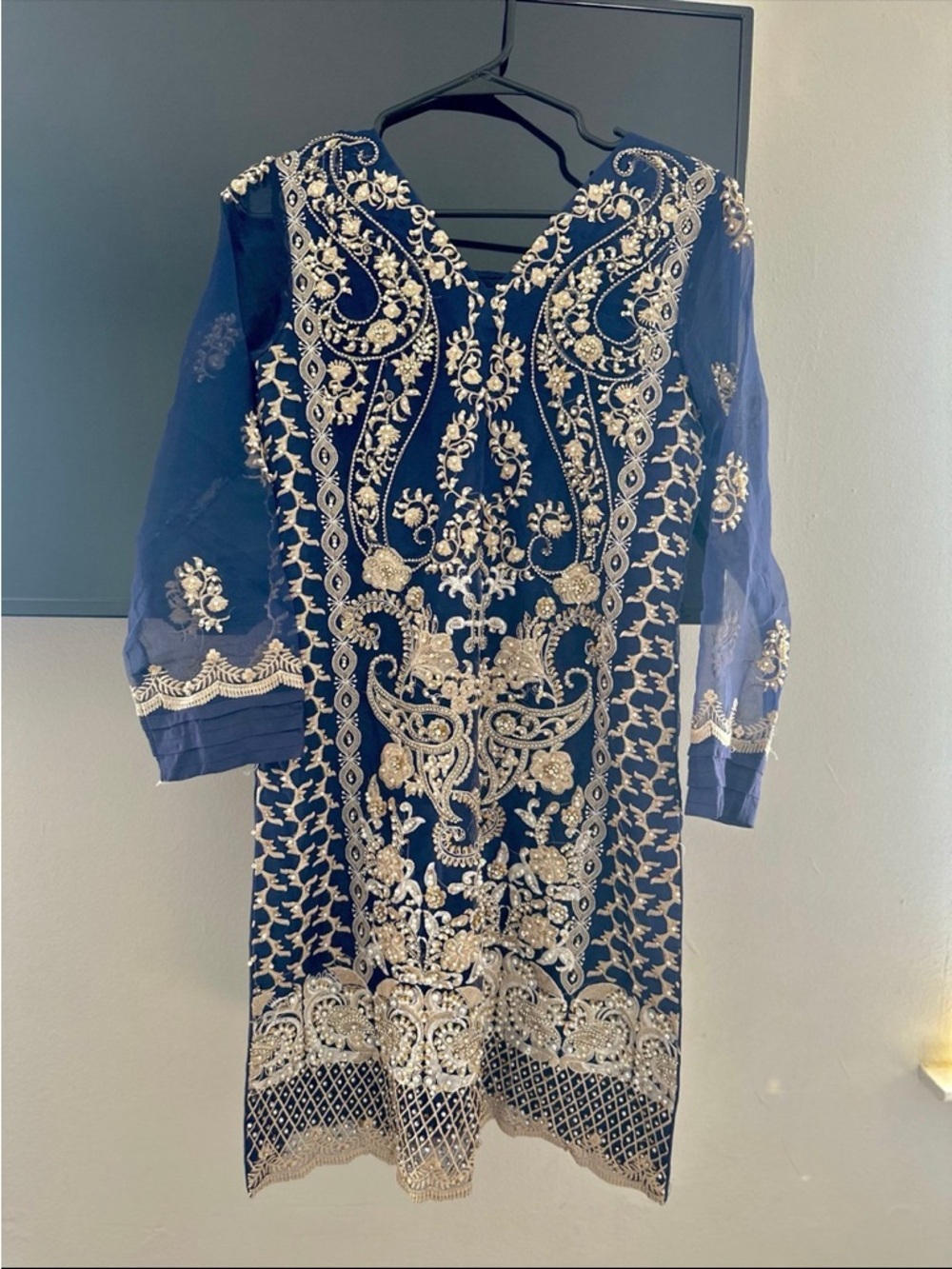 Indian Pakistani Dark Blue 3-Piece Pant Suit Heavily Embroidered Beaded Wedding